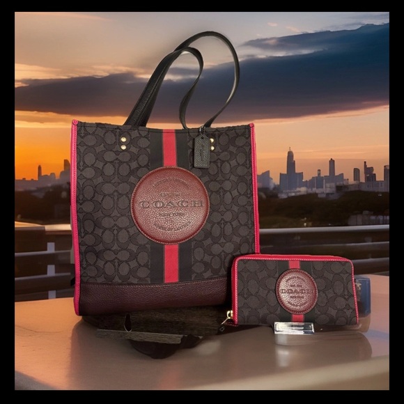 Coach Dempsey in Black Wine Multi + Pink Coach Feather Charm & Lg Wallet EUC 😍❤️ - Picture 4 of 13